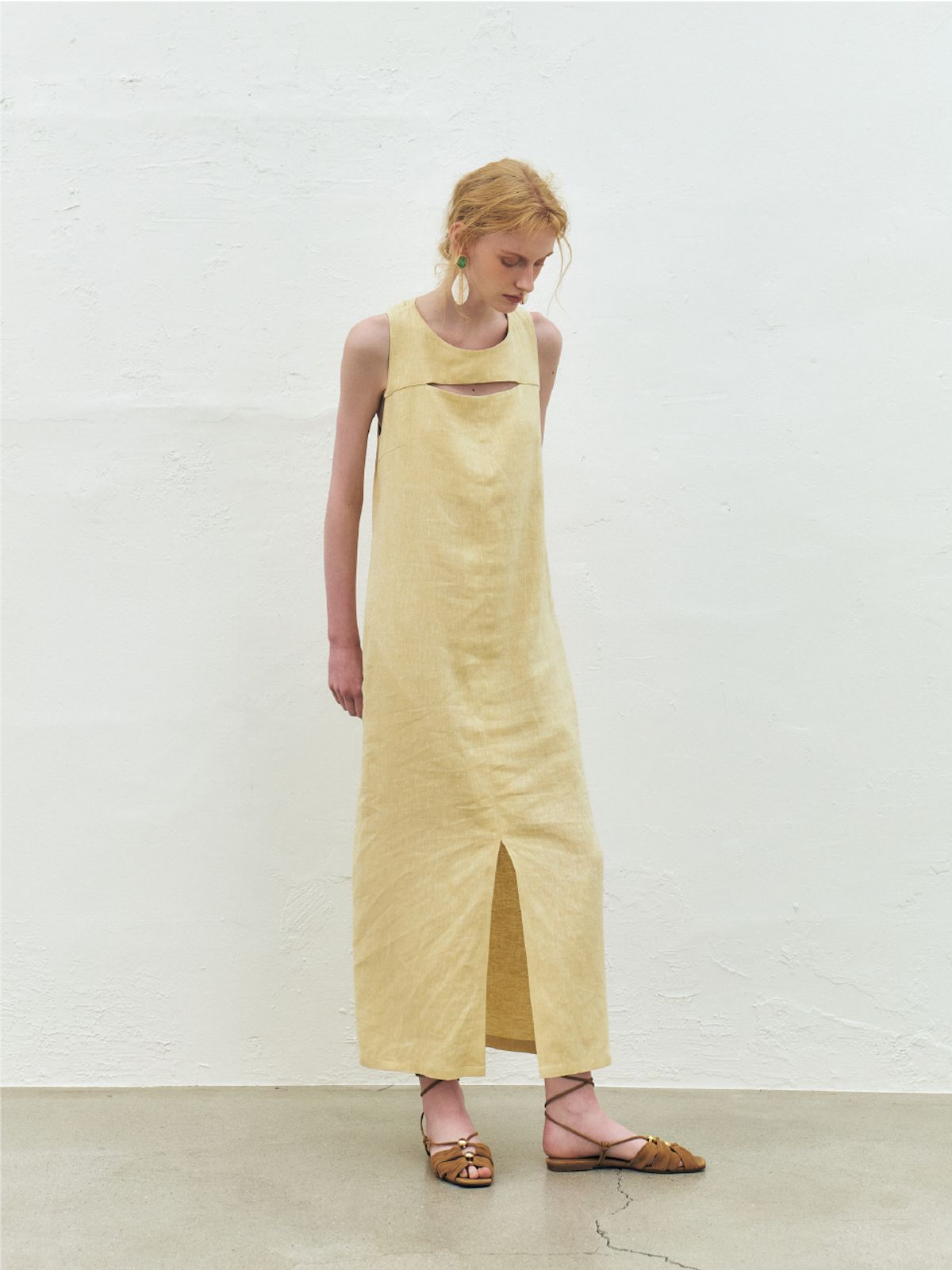 쿠메(KUMÉ) Linen Blend O Ring Long Dress, Yellow