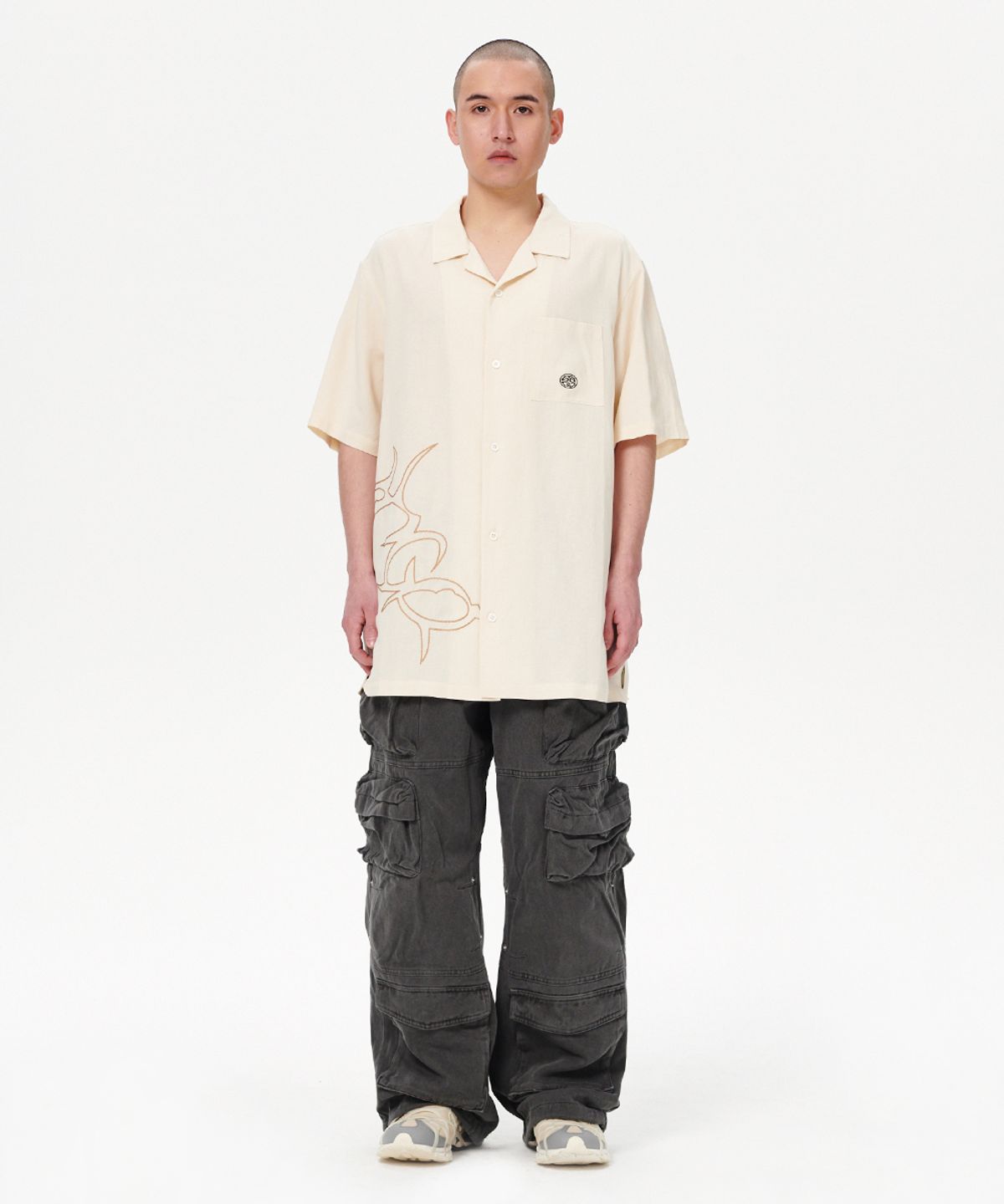 마하그리드(MAHAGRID) MULTI-LOGO LINEN HALF SHIRT IVORY(MG2EMMW361A)
