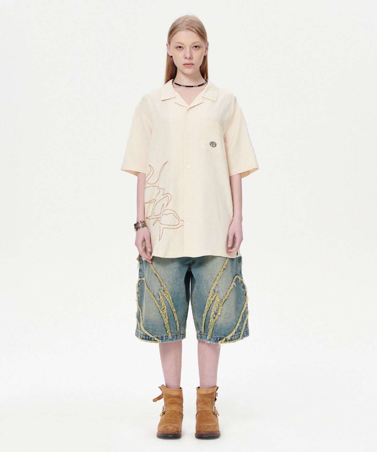 마하그리드(MAHAGRID) MULTI-LOGO LINEN HALF SHIRT IVORY(MG2EMMW361A)