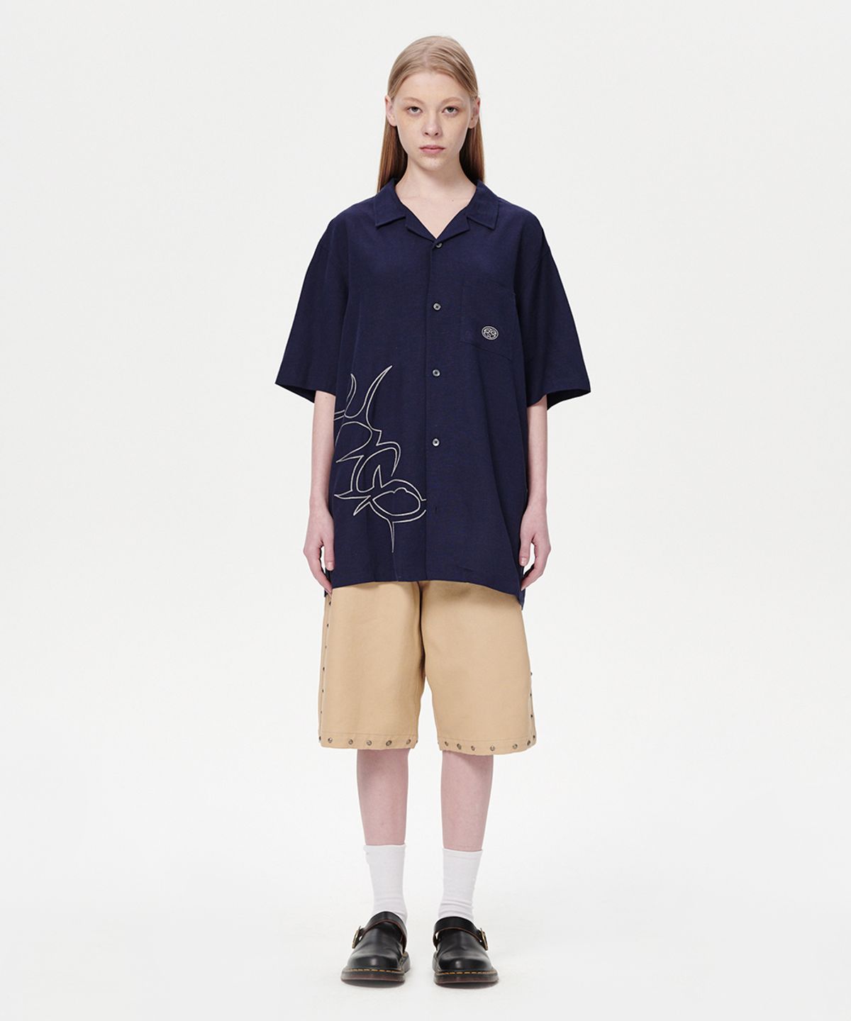 마하그리드(MAHAGRID) MULTI-LOGO LINEN HALF SHIRT NAVY(MG2EMMW361A)