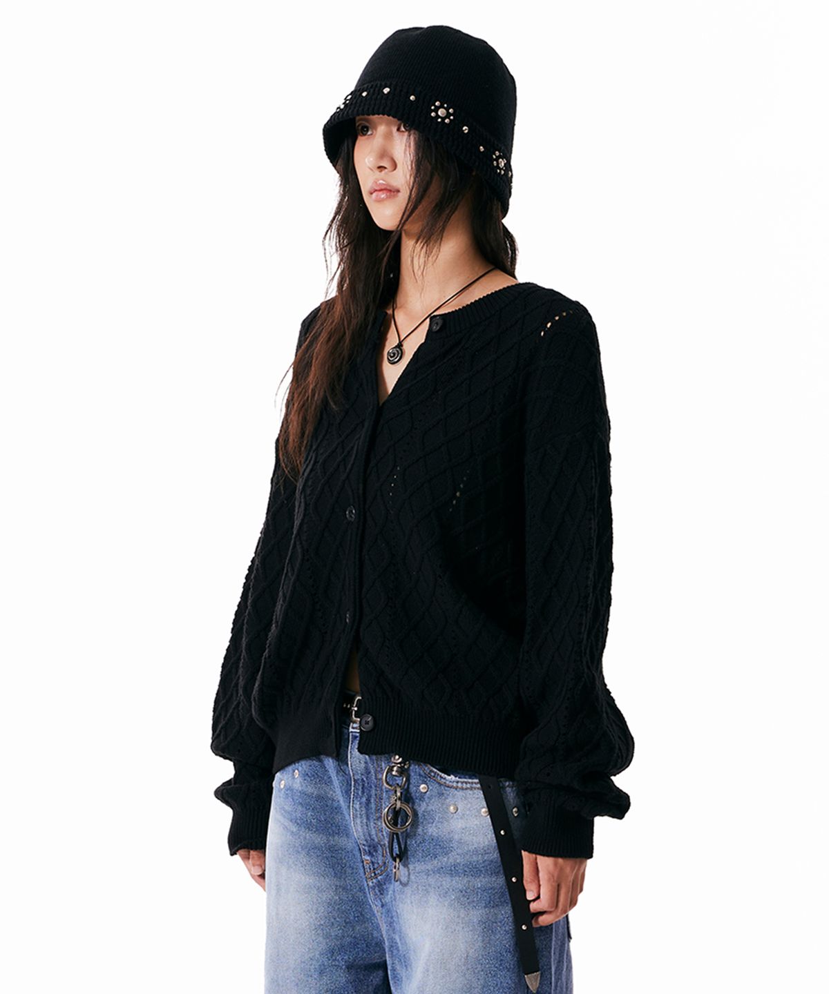 아캄(AAKAM) Mixed Pattern Cardigan (Black)