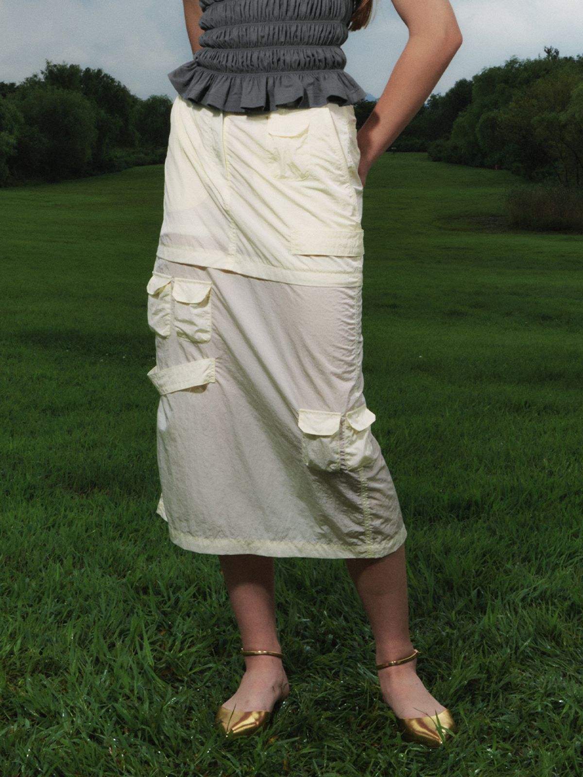기준(KIJUN) Military Long Skirt Pale Yellow