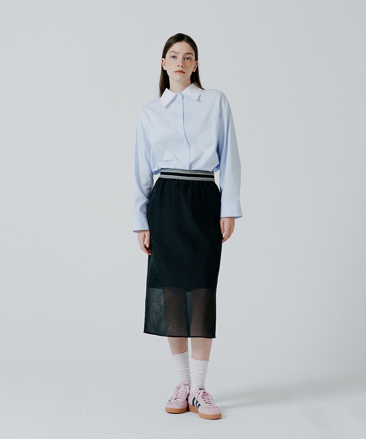 핀블랙(PINBLACK) 레이어드 슬릿 미디 스커트
