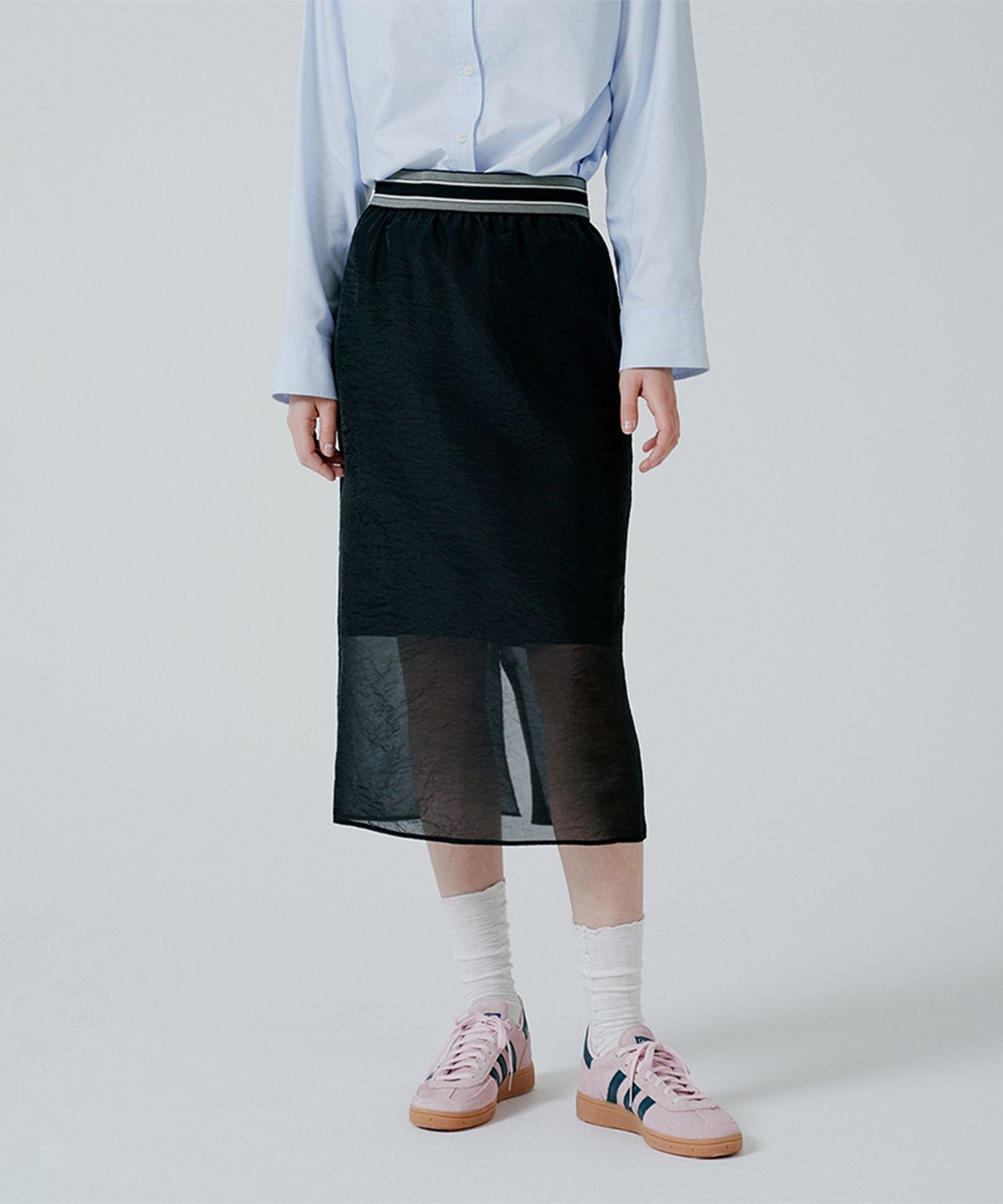 핀블랙(PINBLACK) 레이어드 슬릿 미디 스커트