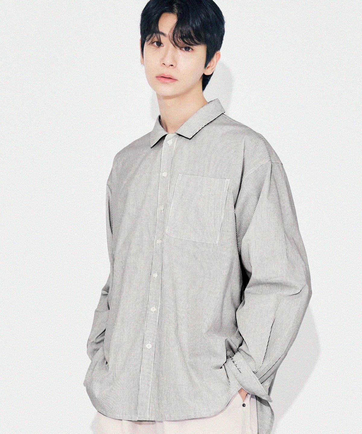 다이아몬드 레이라(DIAMOND LAYLA) Side slit Stripe Cotton Shirt S139  Black
