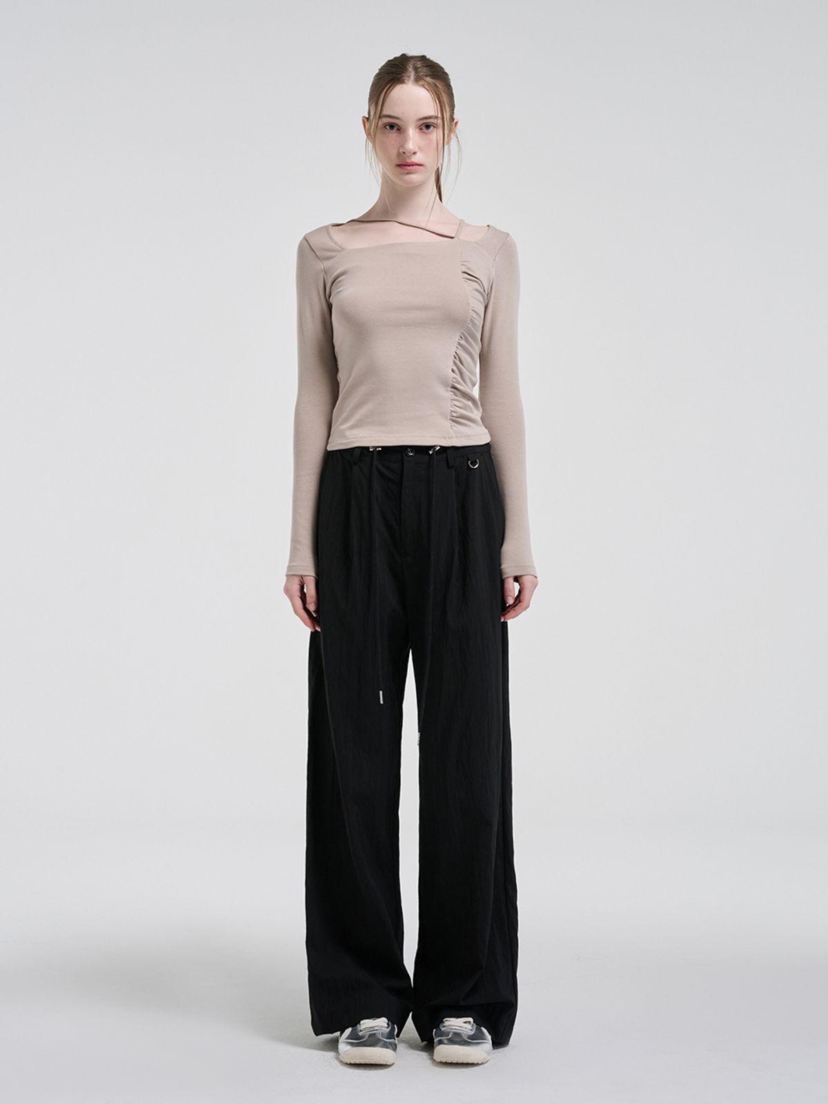 에트몽(ETMON) String Pintuck Nylon Pants, Black