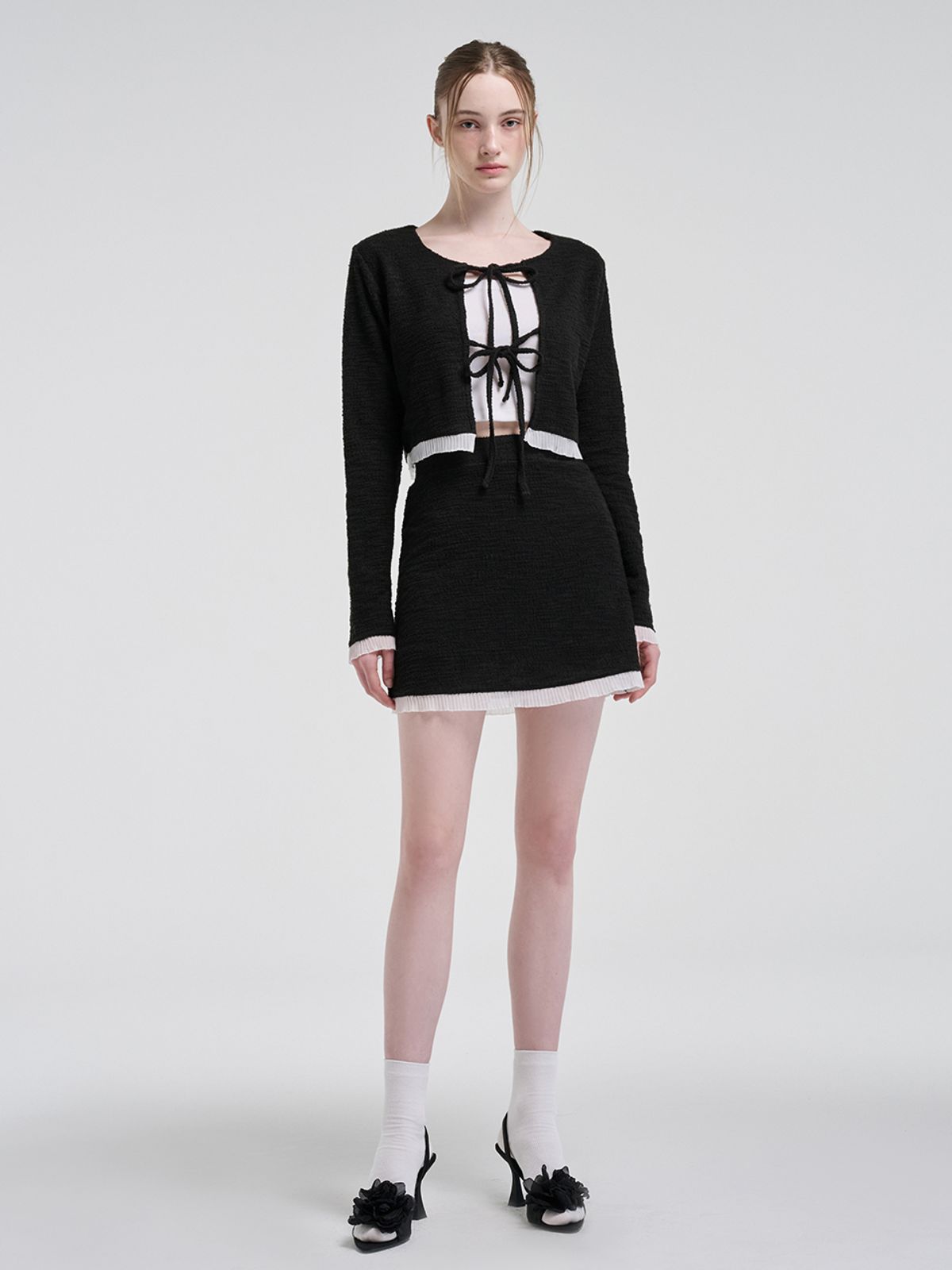 에트몽(ETMON) Frill Tweed Mini Skirt, Black