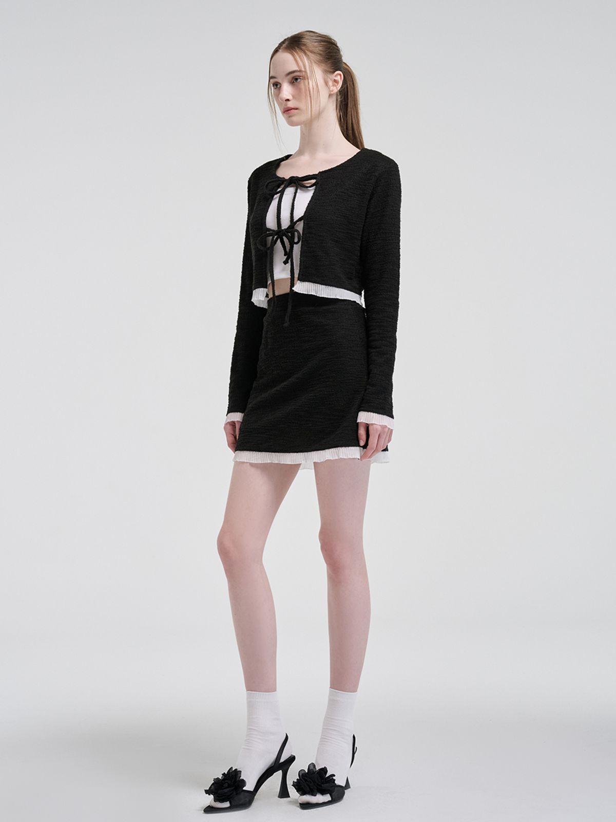 에트몽(ETMON) Frill Tweed Mini Skirt, Black