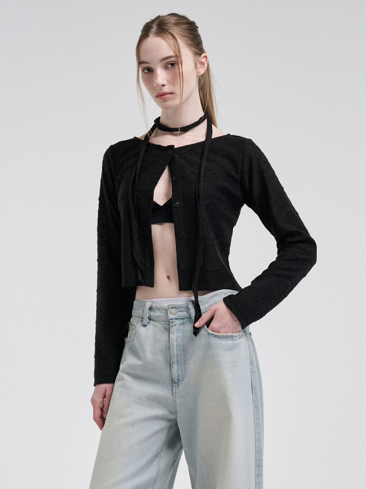 에트몽(ETMON) Wave Scarf Cardigan, Black