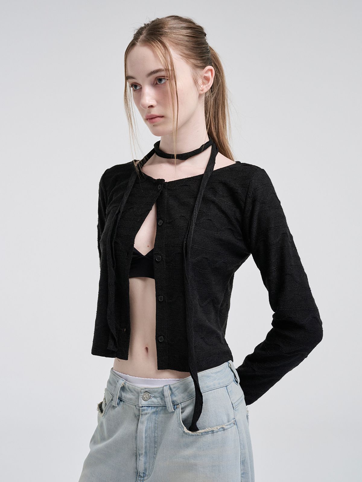 에트몽(ETMON) Wave Scarf Cardigan, Black