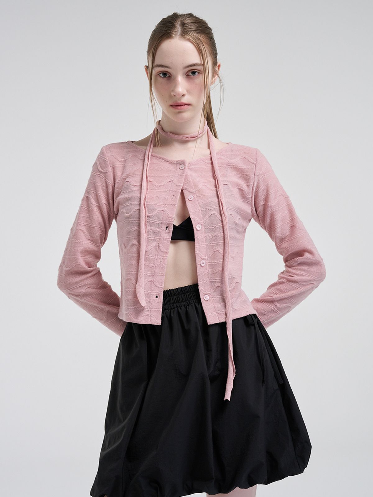 에트몽(ETMON) Wave Scarf Cardigan, Pink