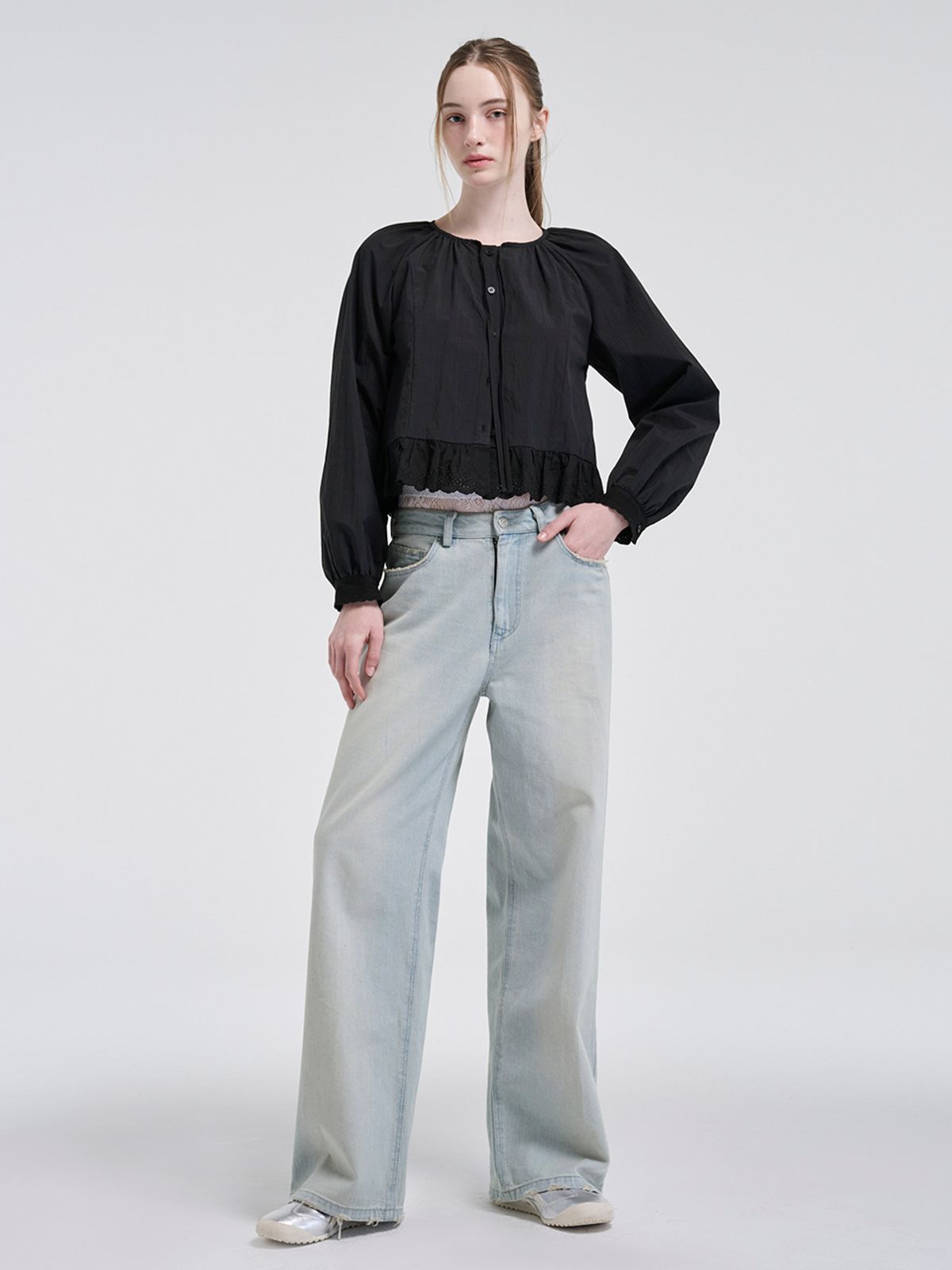 에트몽(ETMON) Lace Shirring Blouse, Black
