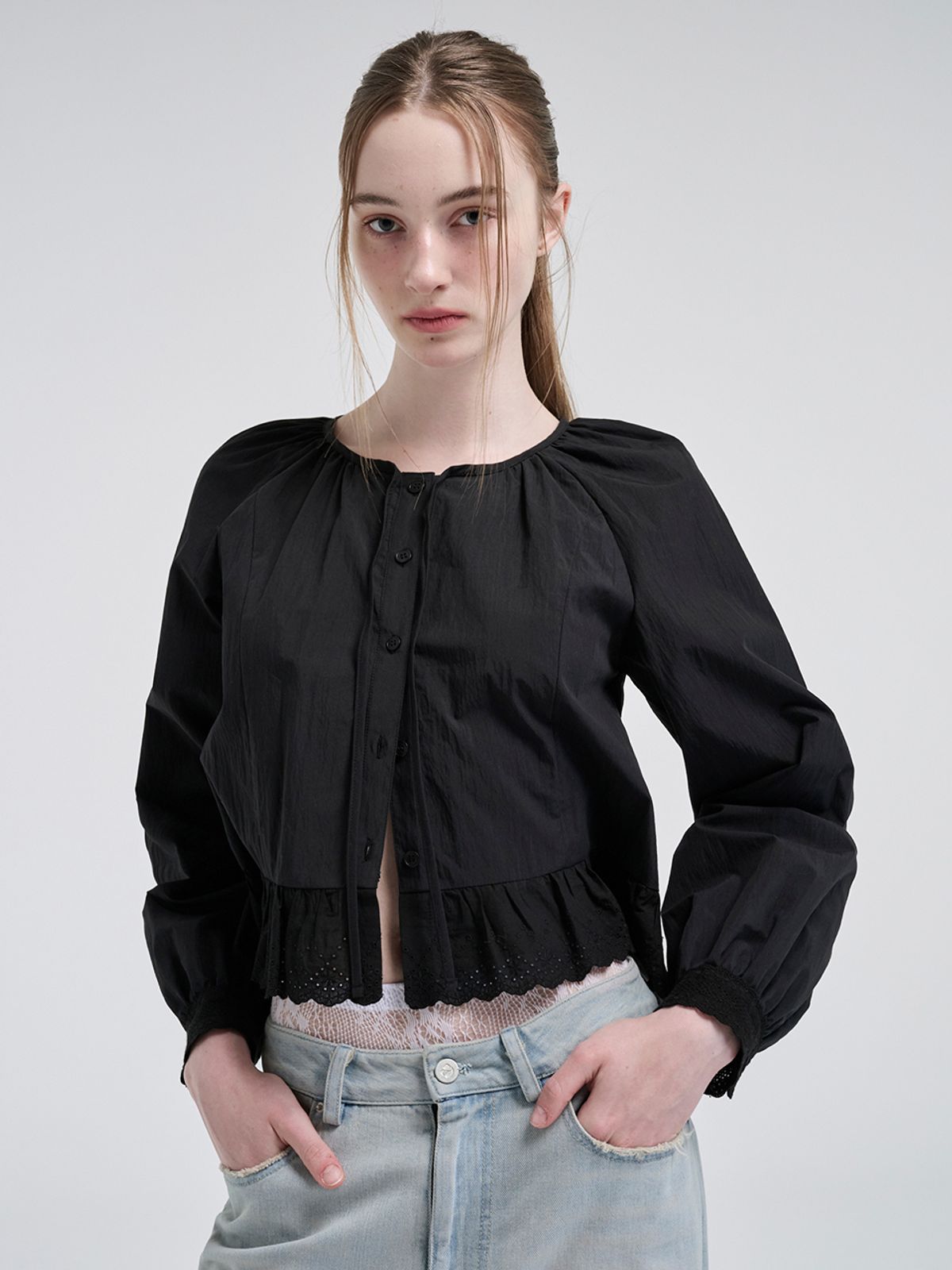 에트몽(ETMON) Lace Shirring Blouse, Black