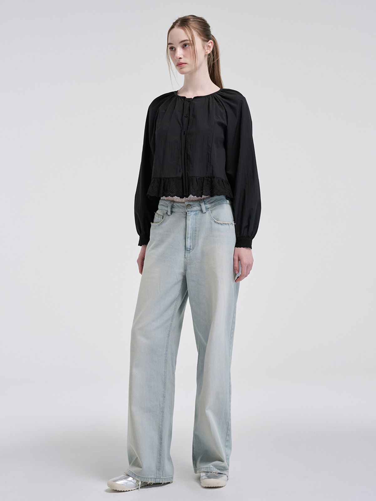 에트몽(ETMON) Lace Shirring Blouse, Black