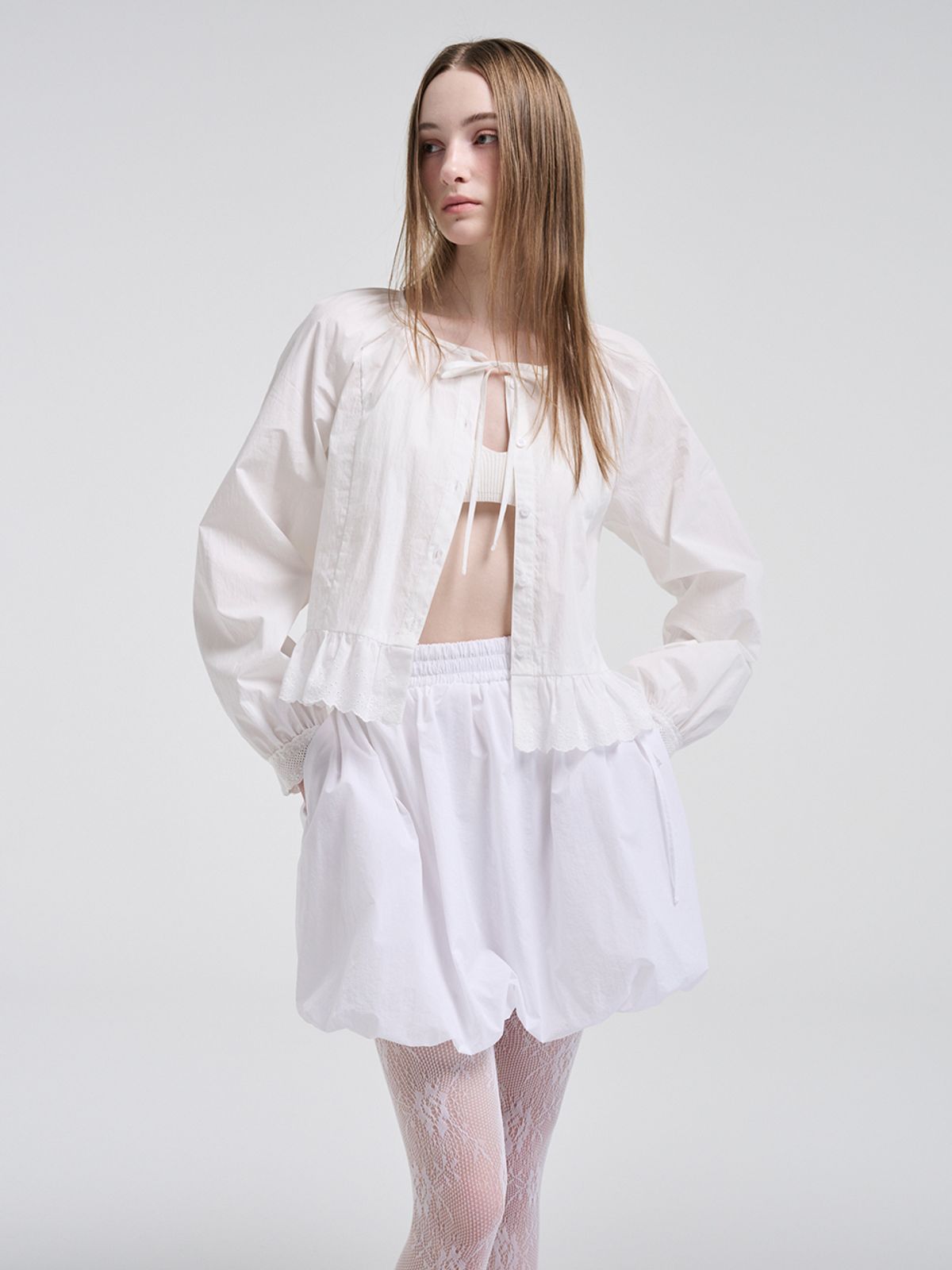 에트몽(ETMON) Lace Shirring Blouse, White