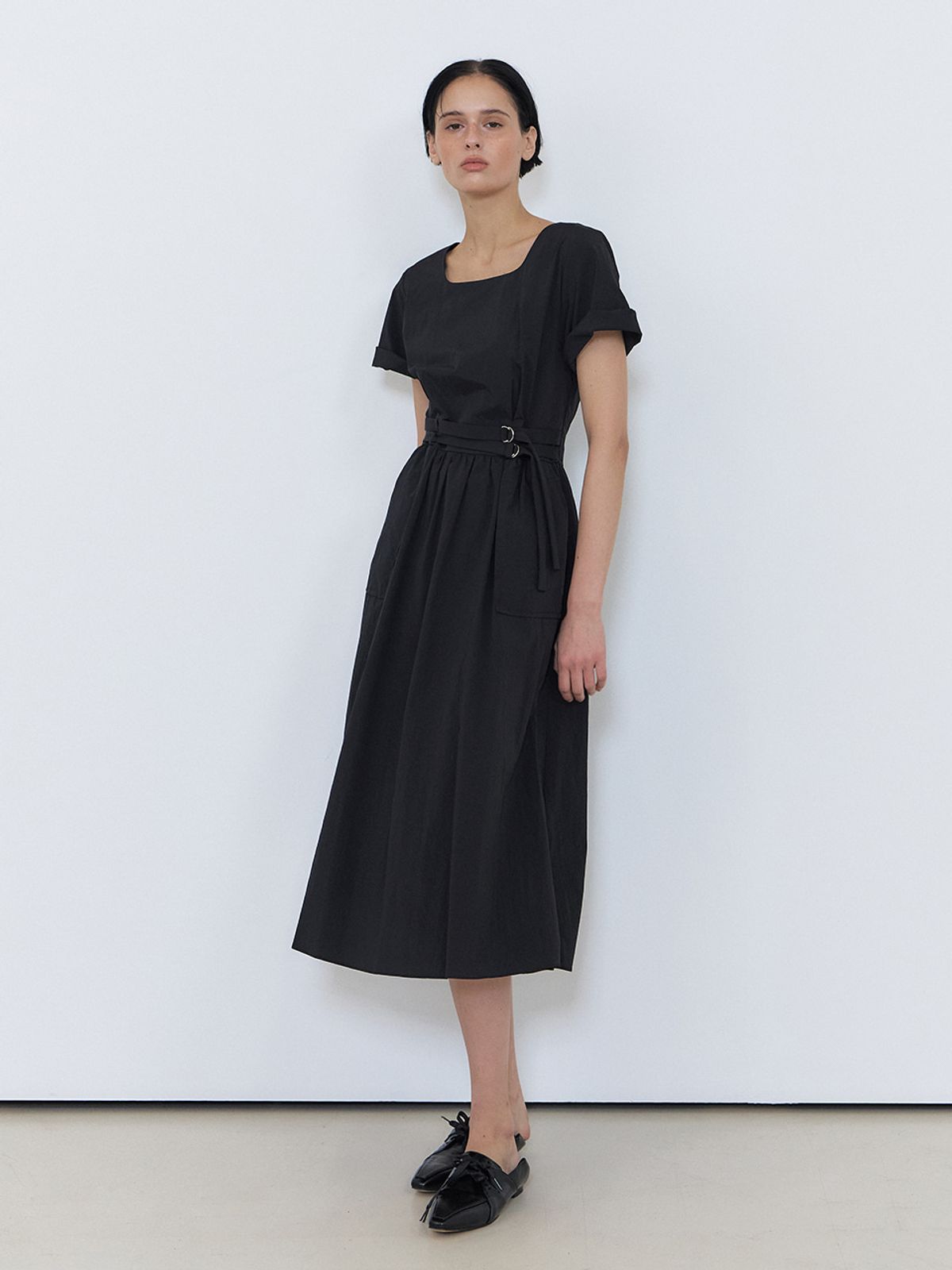 에트몽(ETMON) 2-Way Sleeve Belted Dress, Black