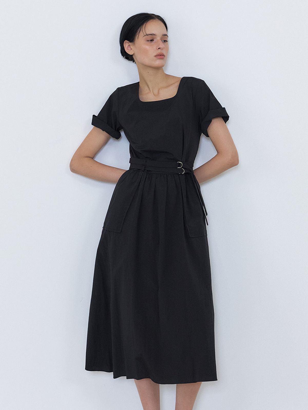 에트몽(ETMON) 2-Way Sleeve Belted Dress, Black