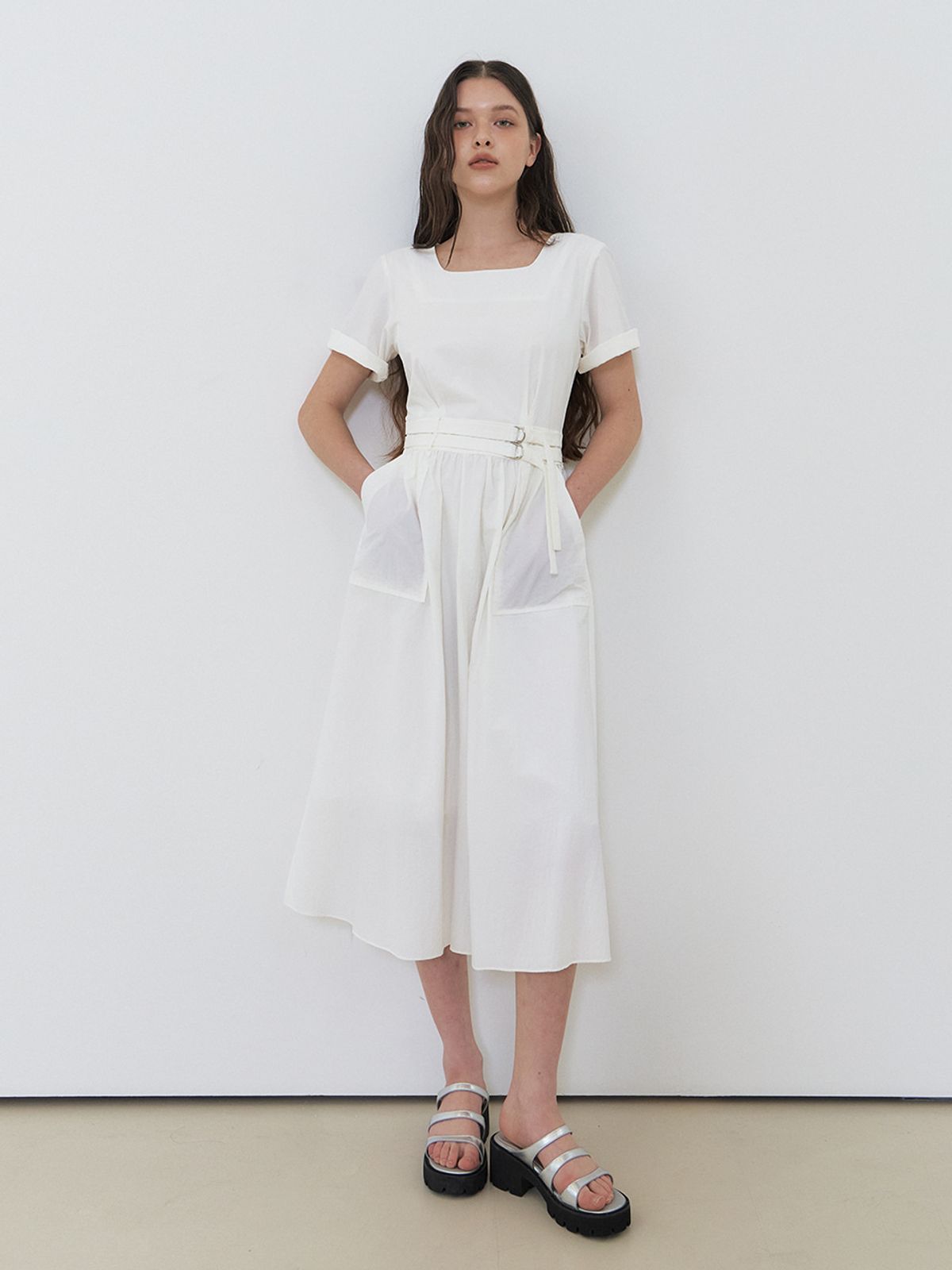 에트몽(ETMON) 2-Way Sleeve Belted Dress, White
