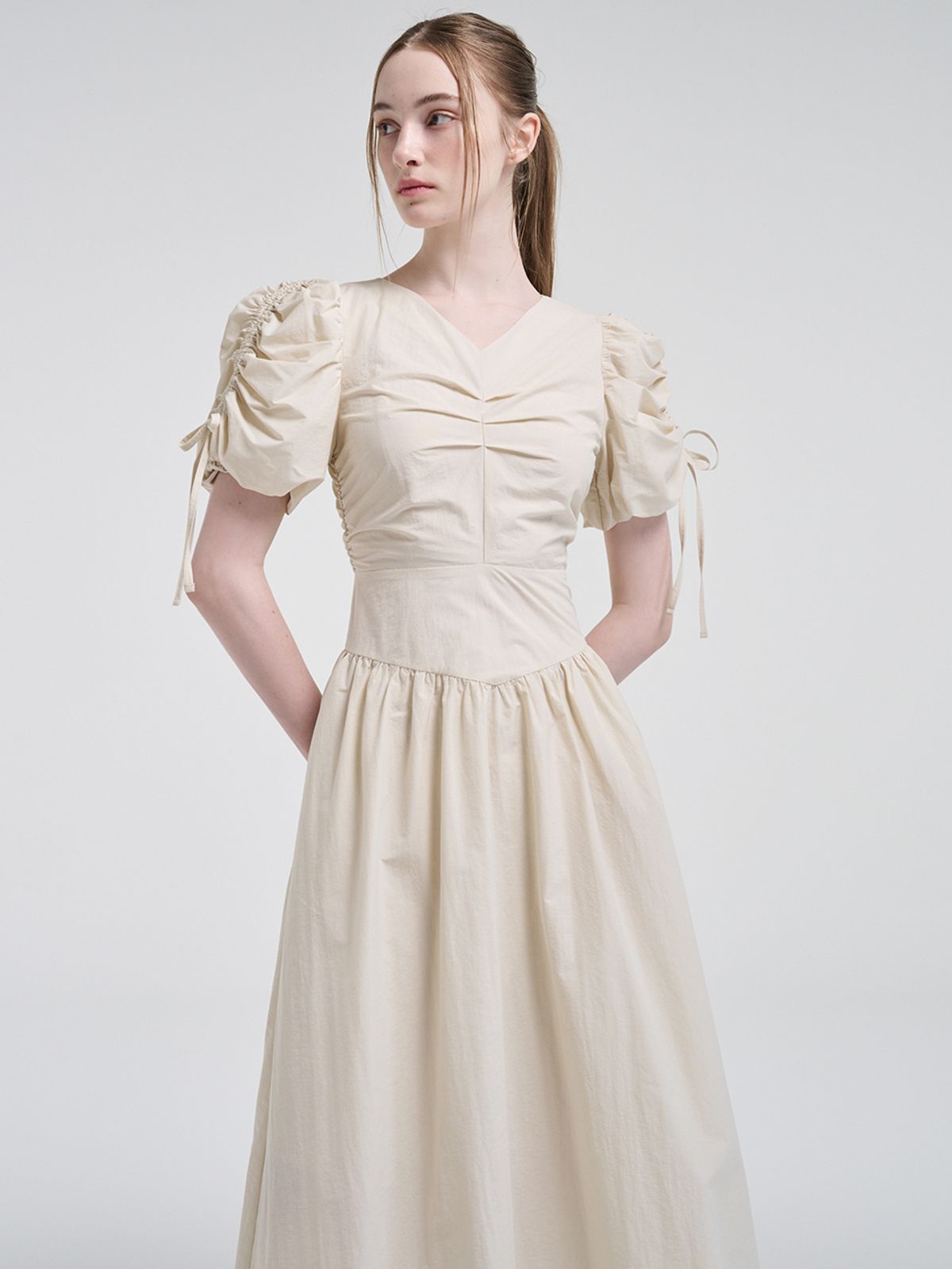 에트몽(ETMON) Front Tuck Shirring Dress, Light Beige
