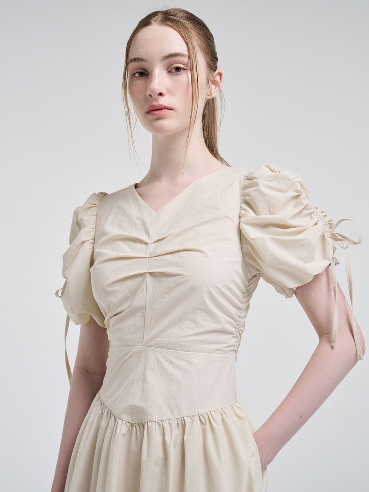 에트몽(ETMON) Front Tuck Shirring Dress, Light Beige