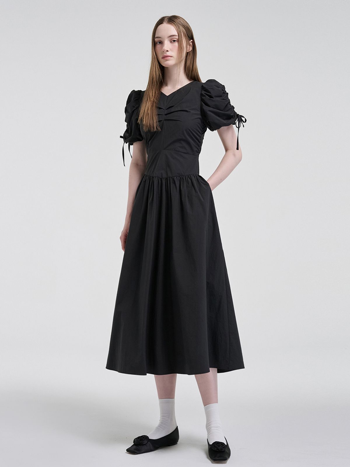 에트몽(ETMON) Front Tuck Shirring Dress, Black