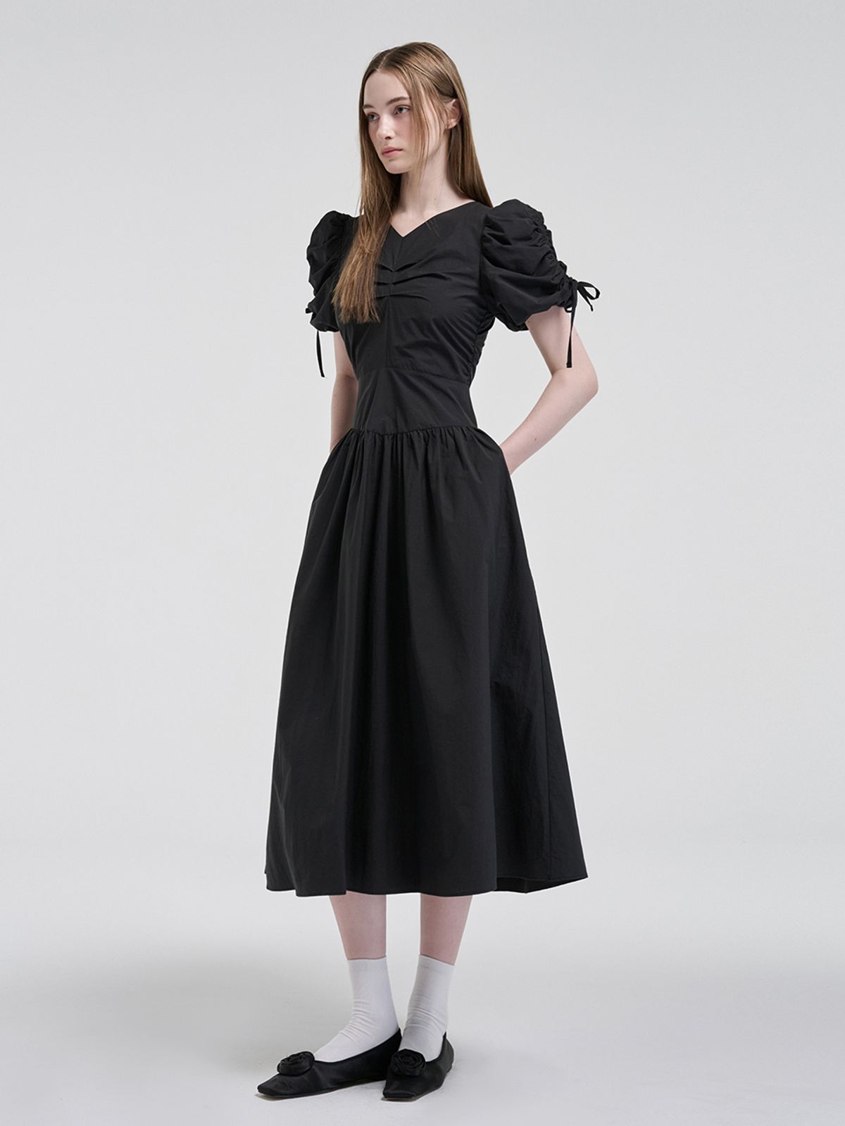 에트몽(ETMON) Front Tuck Shirring Dress, Black