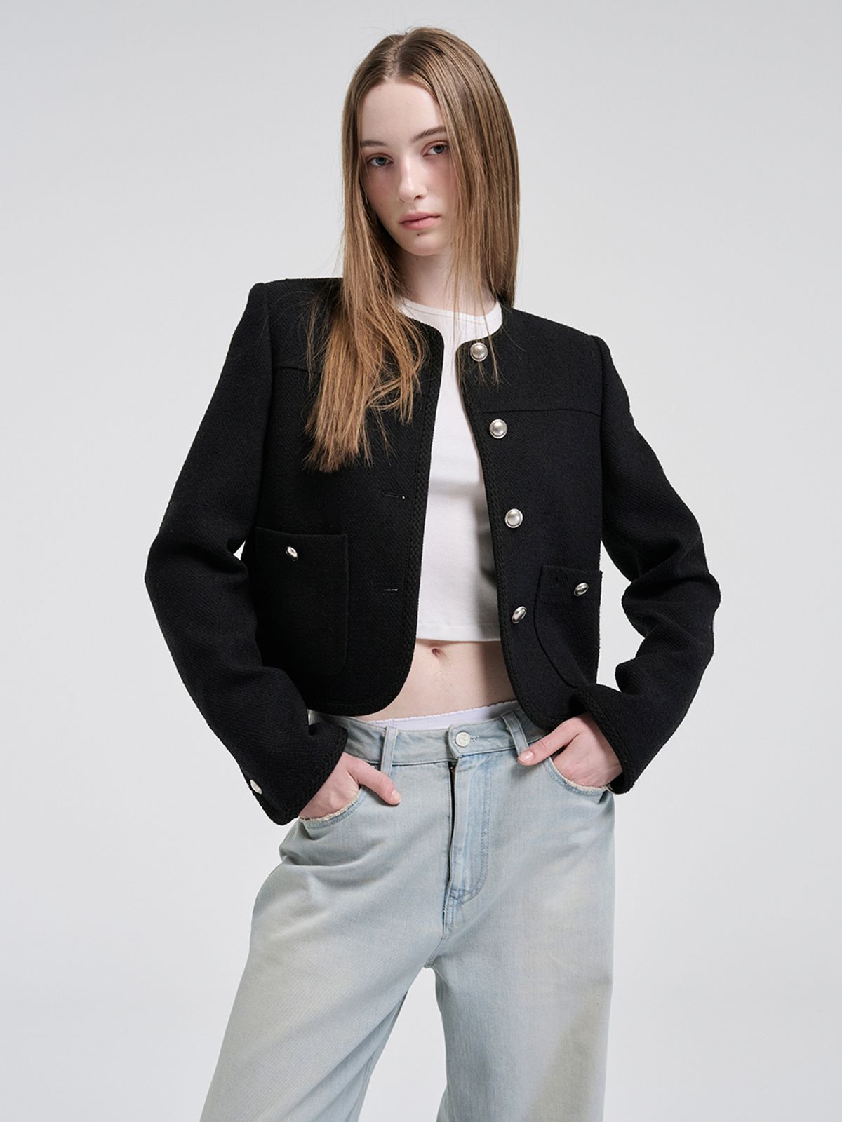 에트몽(ETMON) Curved Round Tweed Jacket, Black