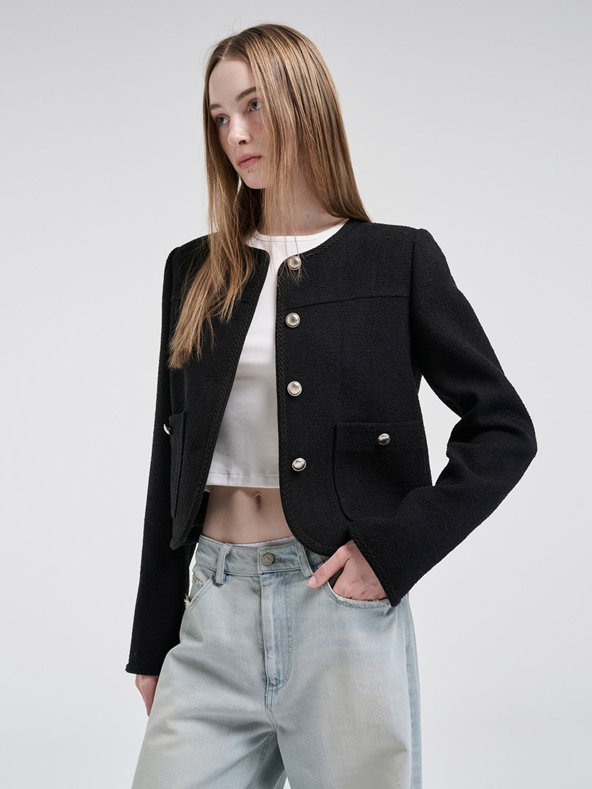 에트몽(ETMON) Curved Round Tweed Jacket, Black
