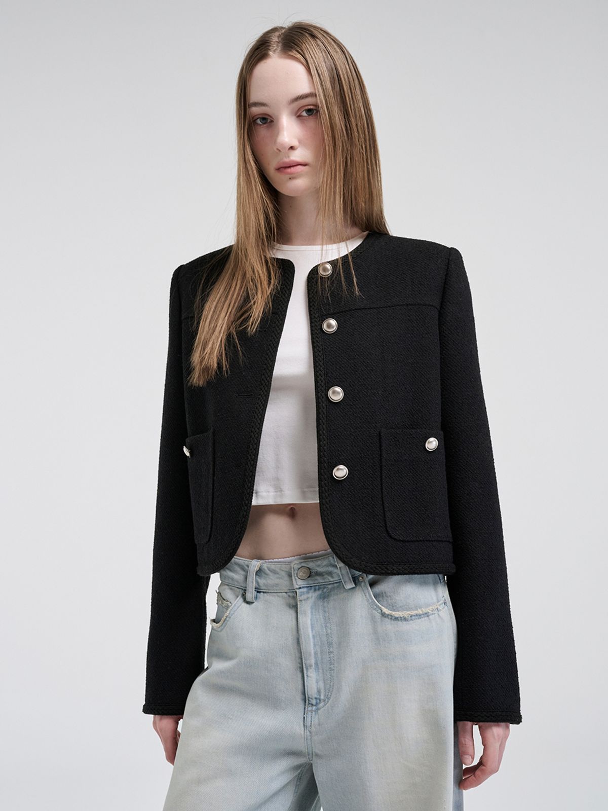 에트몽(ETMON) Curved Round Tweed Jacket, Black