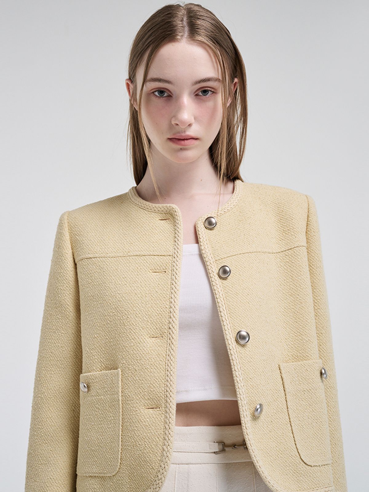 에트몽(ETMON) Curved Round Tweed Jacket, Yellow