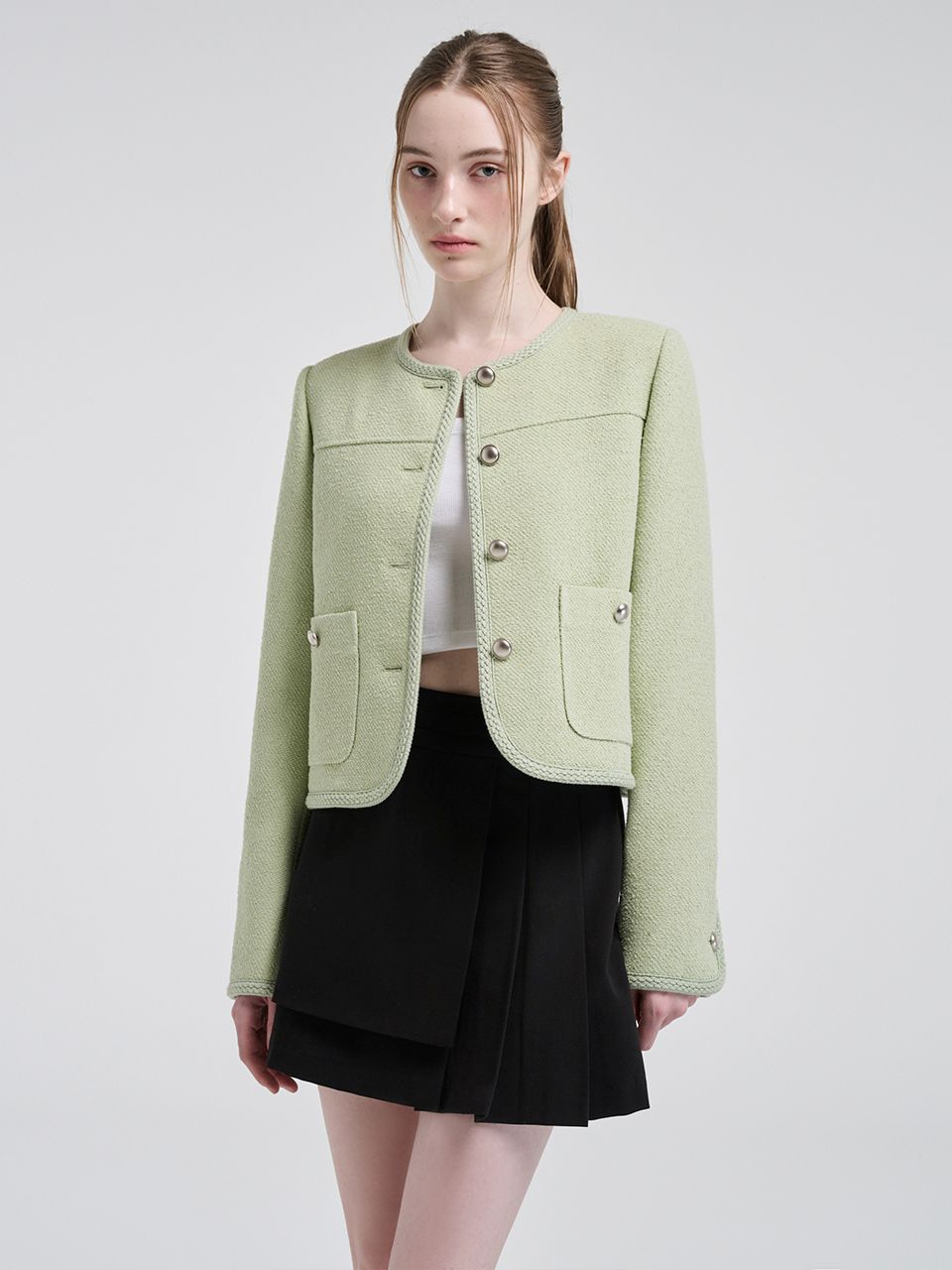 MUSINSA公式 | ETMON Curved Round Tweed Jacket, Light Green
