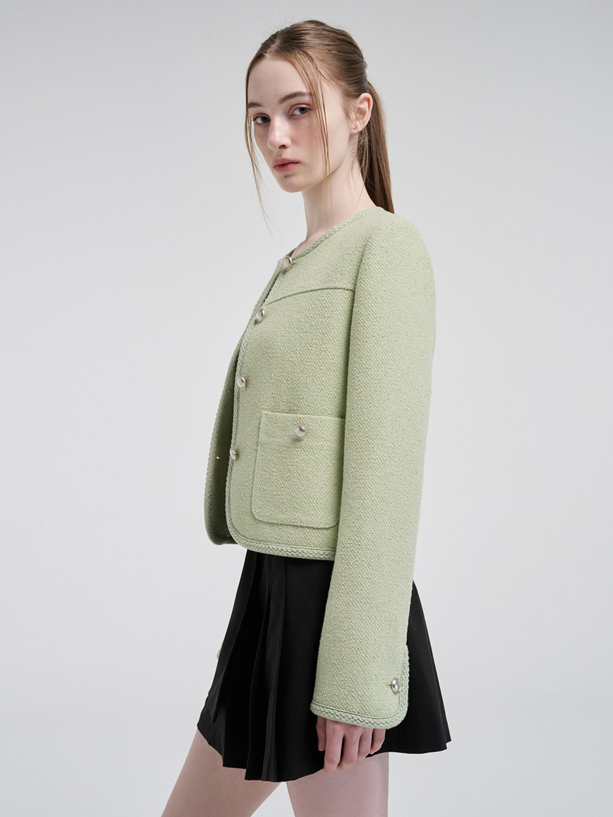 에트몽(ETMON) Curved Round Tweed Jacket, Light Green