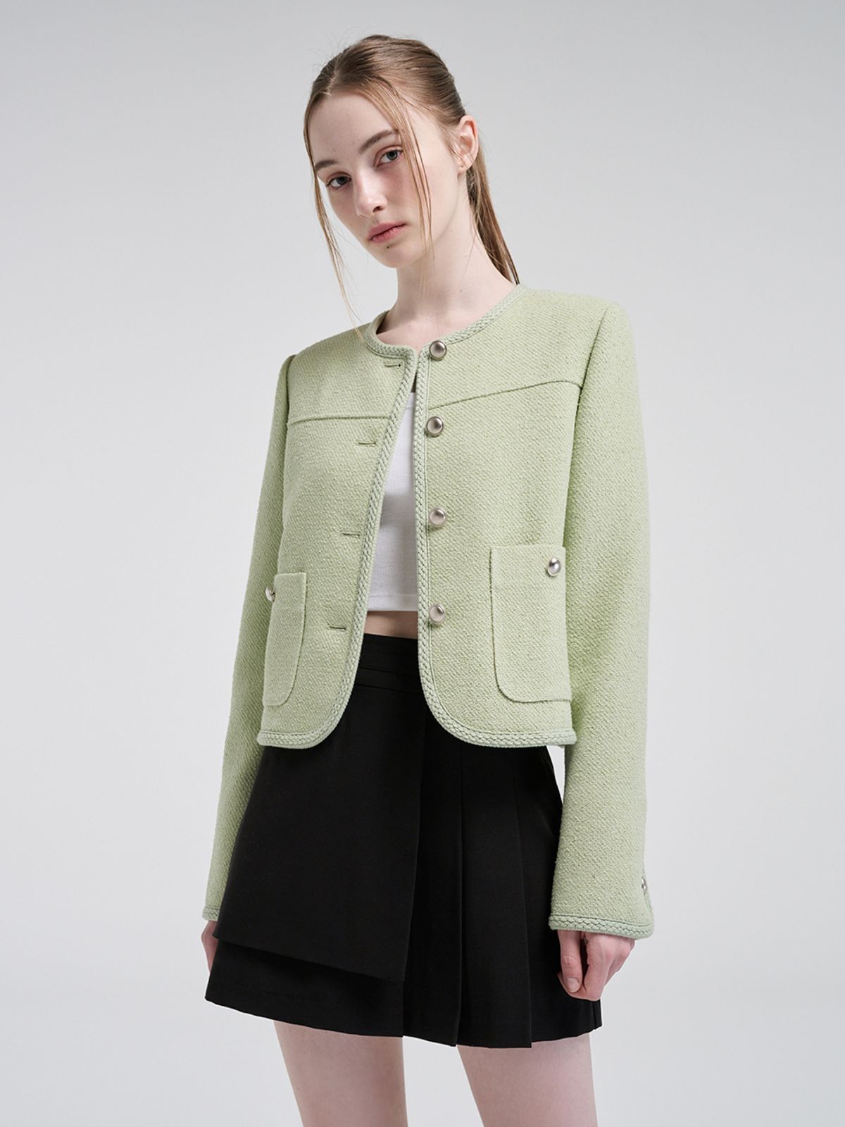 에트몽(ETMON) Curved Round Tweed Jacket, Light Green