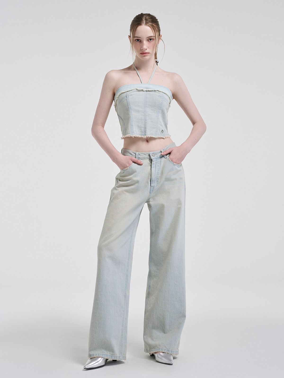 에트몽(ETMON) Denim Strap Top, Light Blue