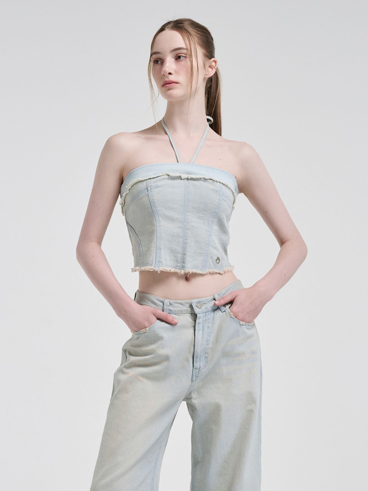 에트몽(ETMON) Denim Strap Top, Light Blue