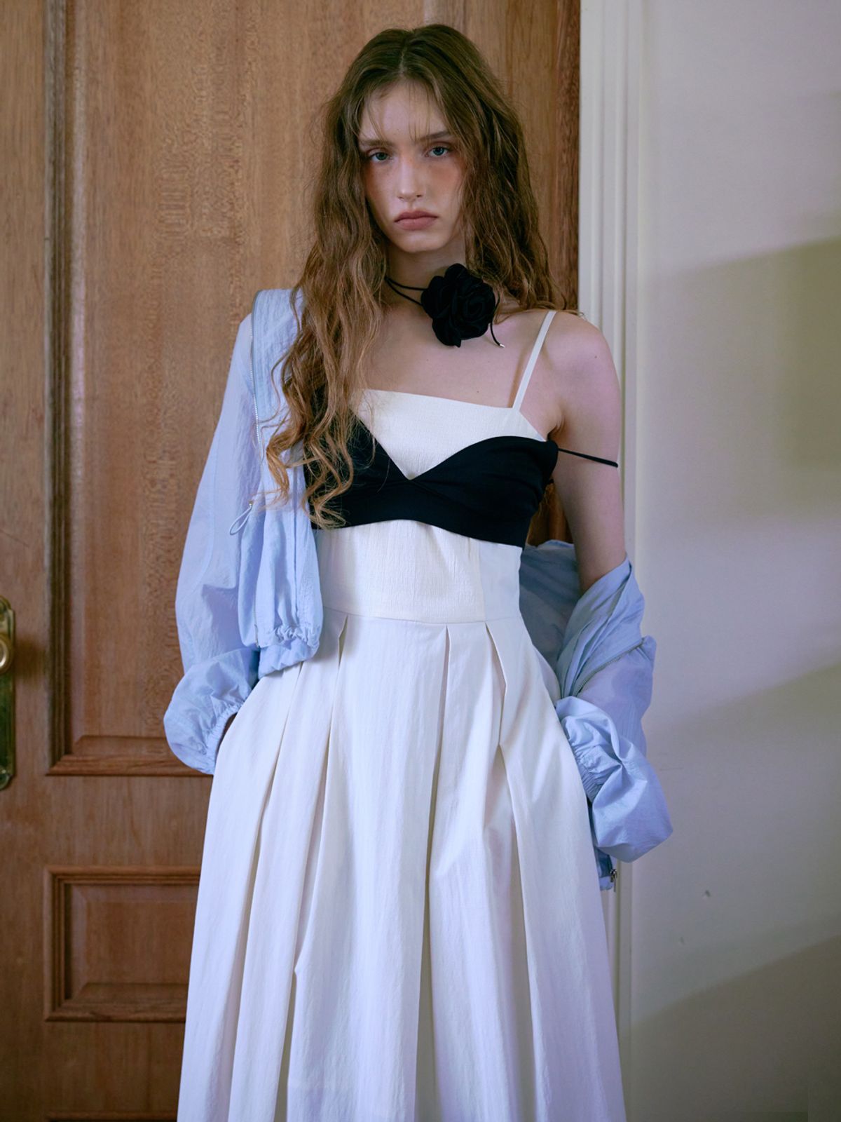 에트몽(ETMON) Slip Texture Blend Pleats Dress, Cream Ivory