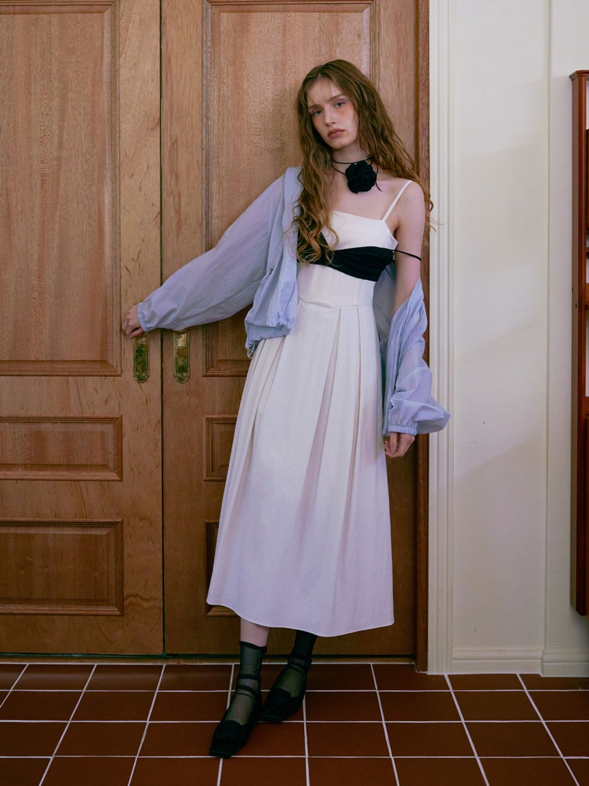 에트몽(ETMON) Slip Texture Blend Pleats Dress, Cream Ivory