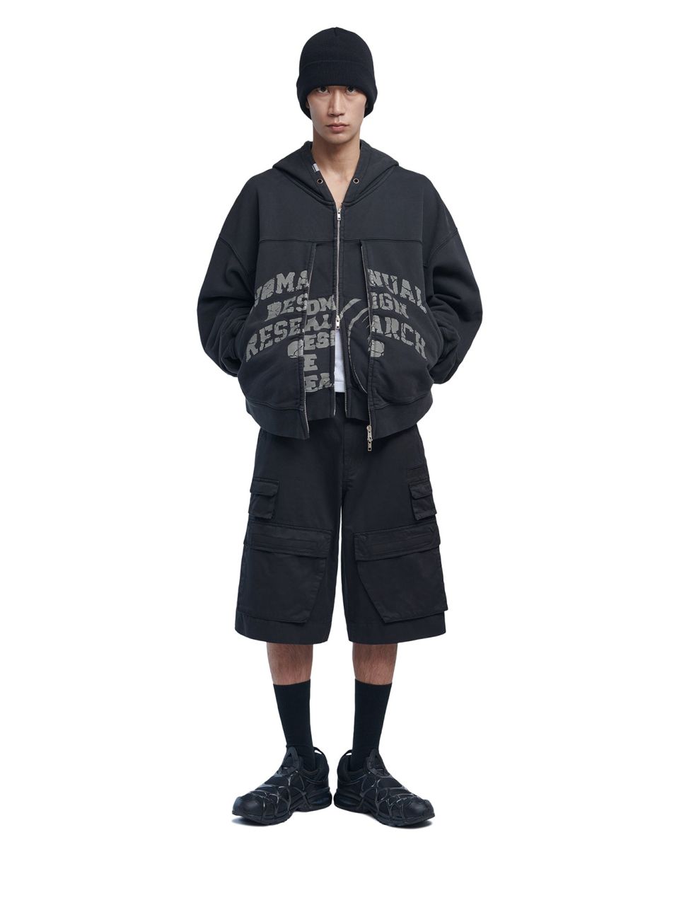 MUSINSA | NOMANUAL OVERDYED DFL HOODED ZIP-UP - WASHED BLACK