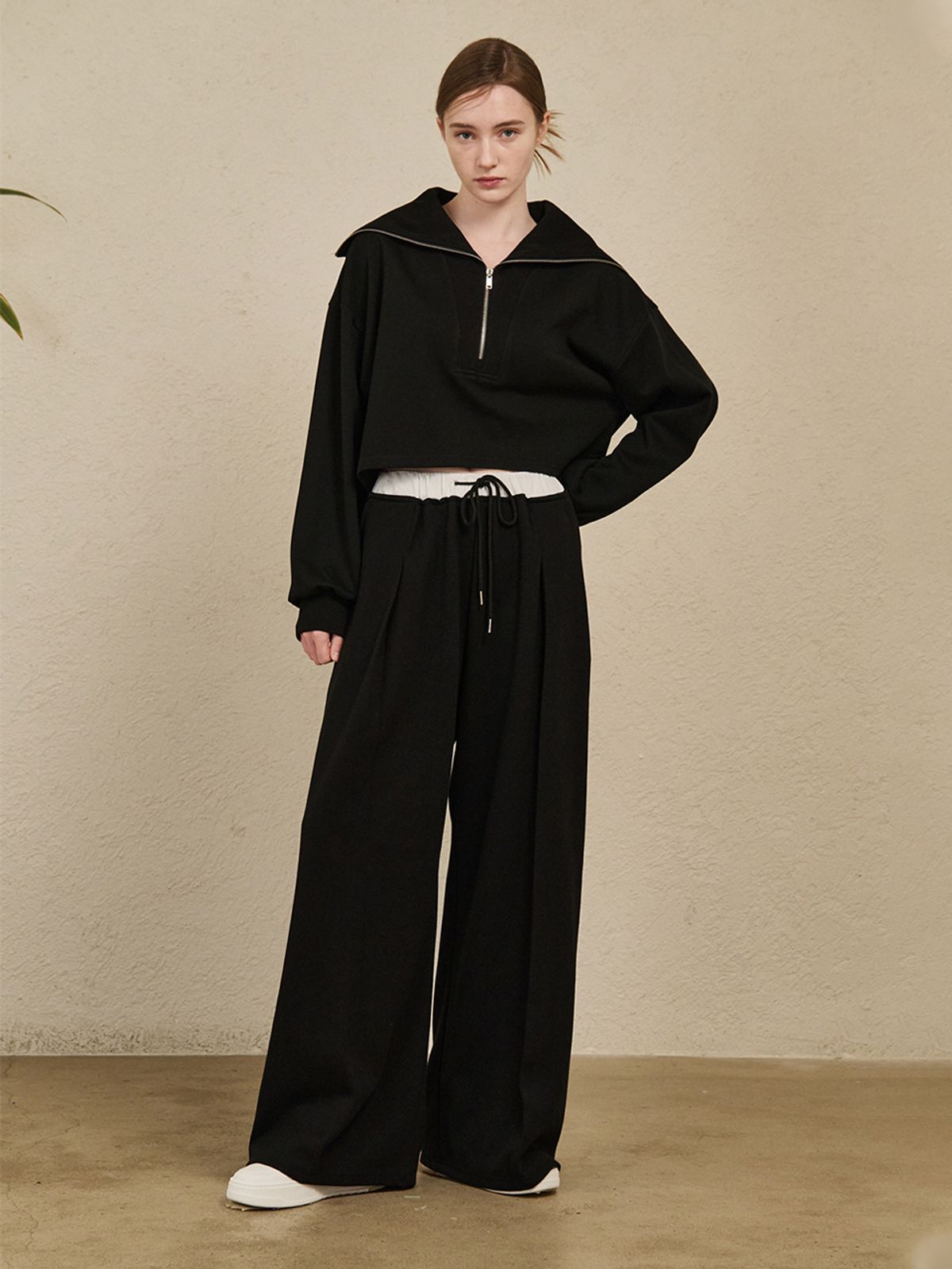 누브(NOUVE) Double Waist Wide Pants - Black