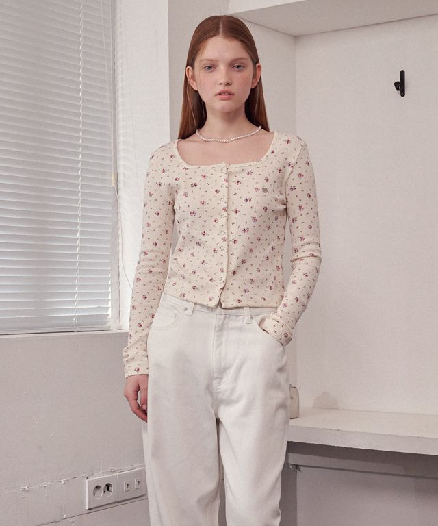 MUSINSA公式 | RONRON SQUARE FLORAL SNAP WAFFLE CARDIGAN CREAM