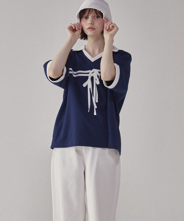 론론(RONRON) RIBBON TAPING V NECK COLLAR JERSEY HALF T SHIRT