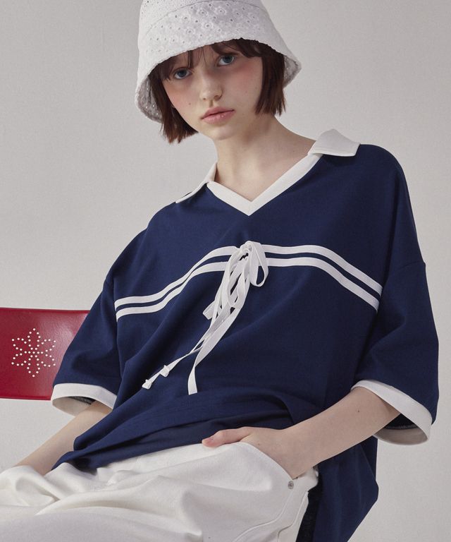 【RONRON】RIBBON TAPING V NECK COLLAR JERSEY HALF T SHIRT RIBBON TAPING V NECK COLLAR JERSEY HALF T SHIRT NAVY