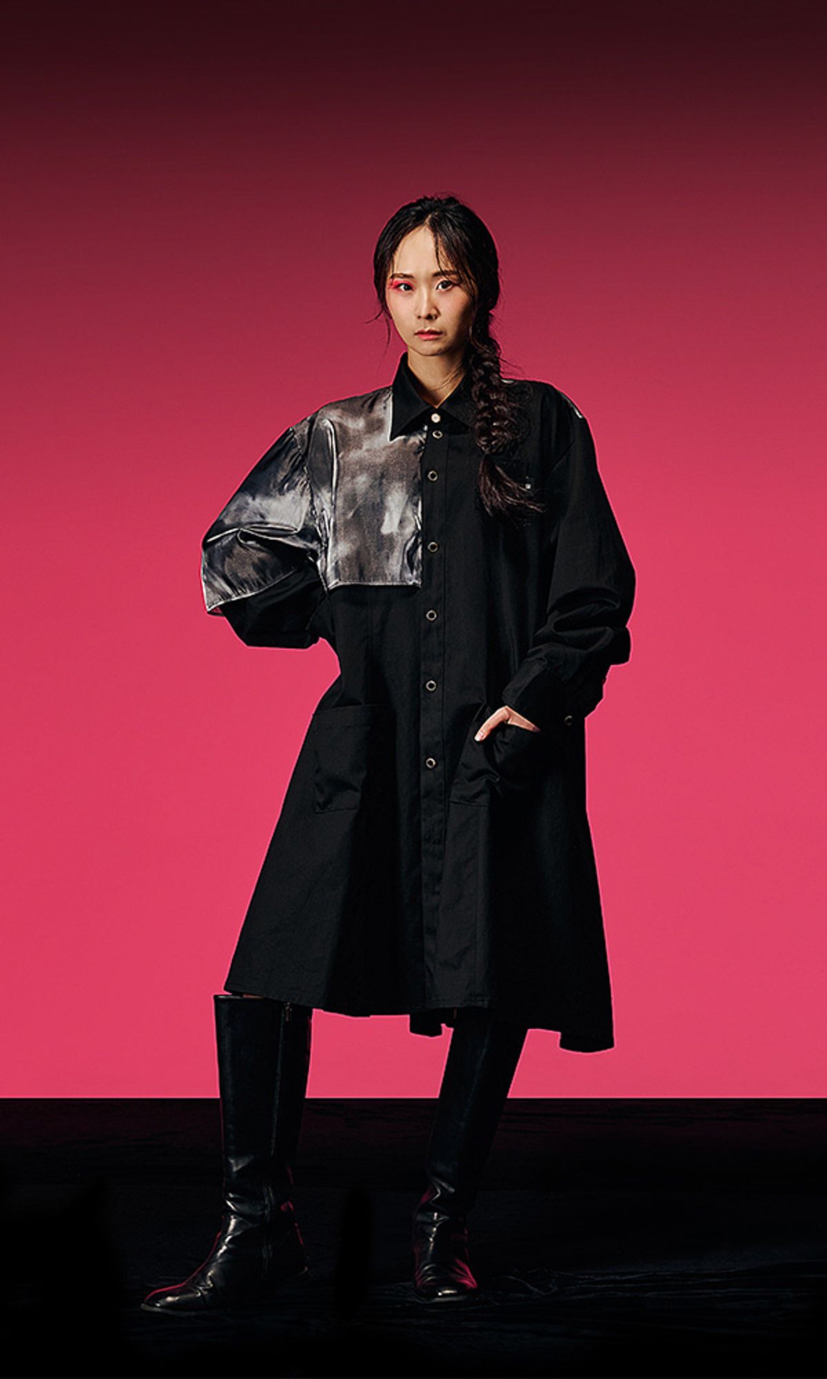 레큘리(RECULER) 시스루 케이프디테일 롱 셔츠(블랙)