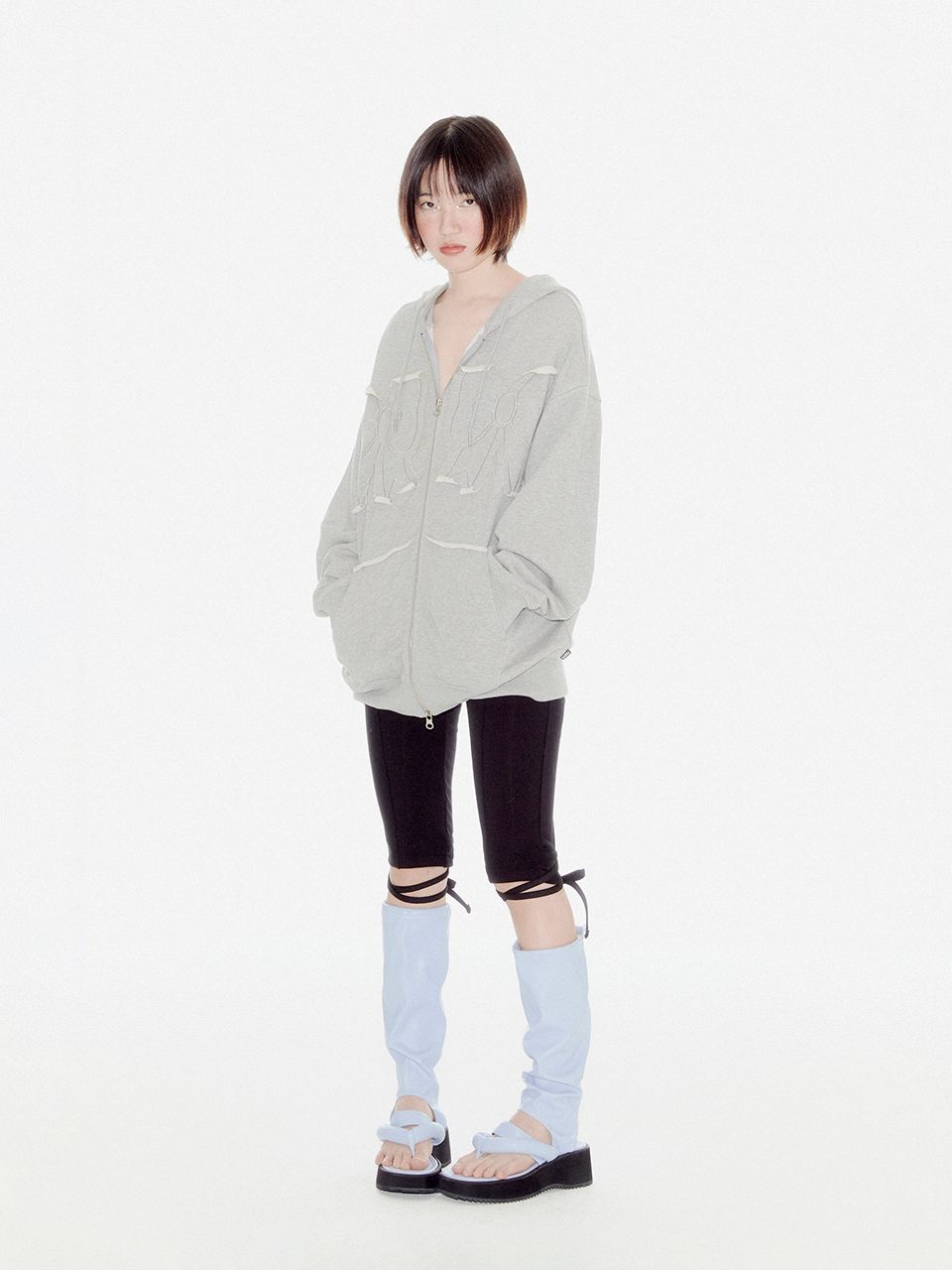 MUSINSA公式 | YOUHEE YOUHEE RIBBON HOOD ZIP-UP MELANGE GREY