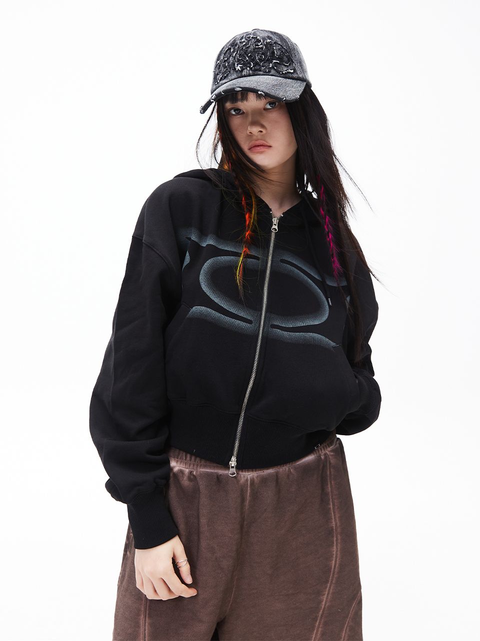 MUSINSA | CRITIC CROP WORMHOLE LOGO HOODIE ZIP-UP MELANGE GREY