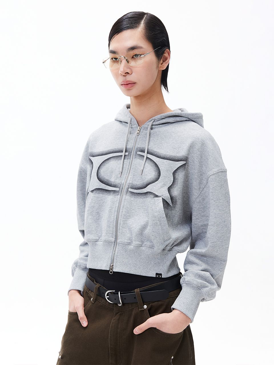MUSINSA | CRITIC CROP WORMHOLE LOGO HOODIE ZIP-UP MELANGE GREY