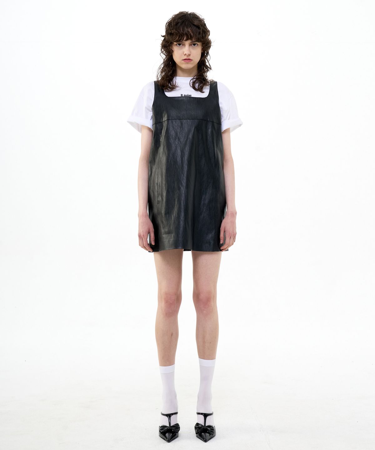 비콰이엇(B QUIET) A-LINED FAUX LEATHER MINI DRESS_BLACK