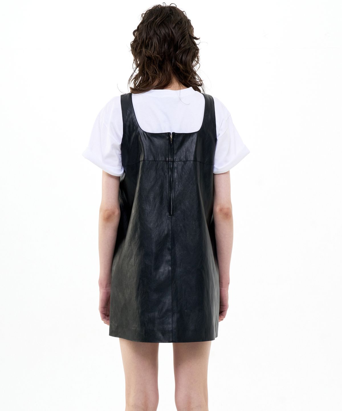 비콰이엇(B QUIET) A-LINED FAUX LEATHER MINI DRESS_BLACK