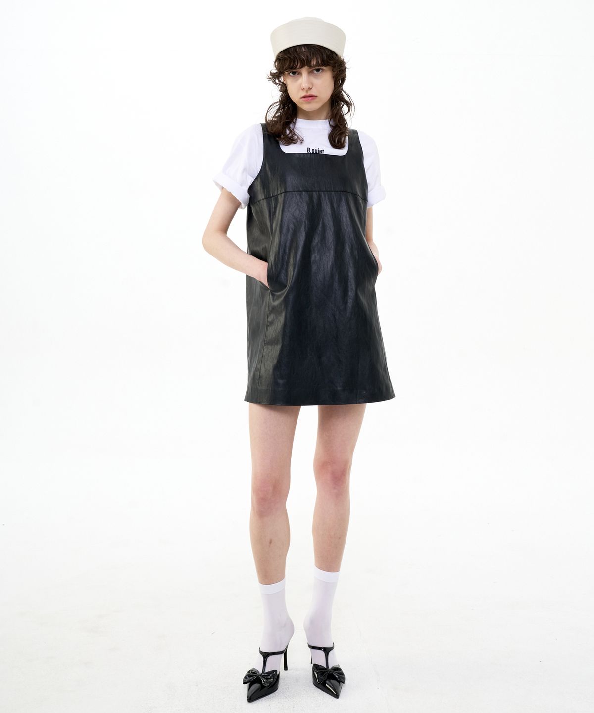 비콰이엇(B QUIET) A-LINED FAUX LEATHER MINI DRESS_BLACK