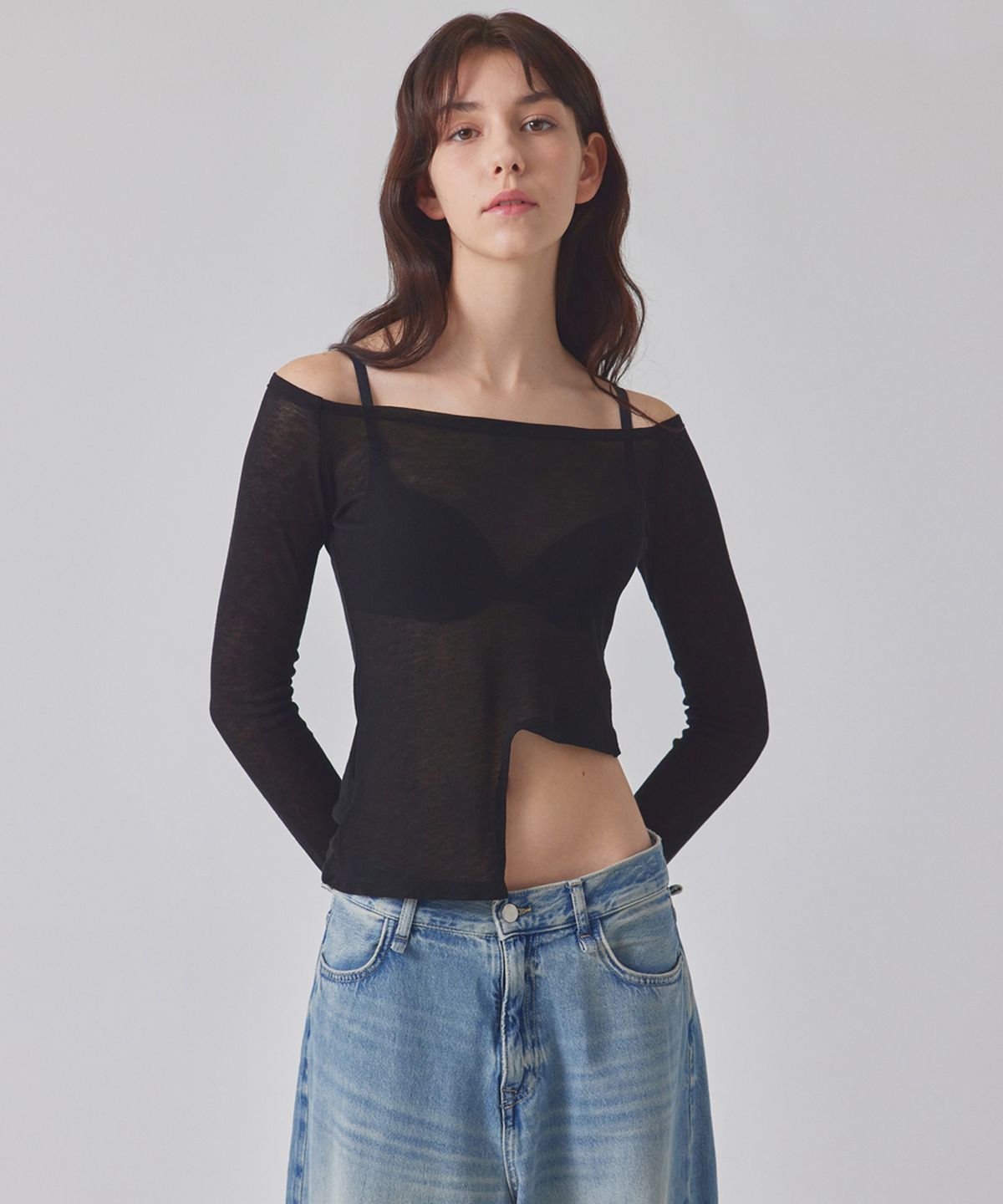탑걸(TOPGIRL) [텐셀혼방/오프숄더]UNBALANCED WAIST OFF-SHOULDER TOP_T416TP112